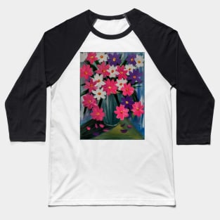 Some bright and colorful abstract flowers in a turquoise vase. Baseball T-Shirt